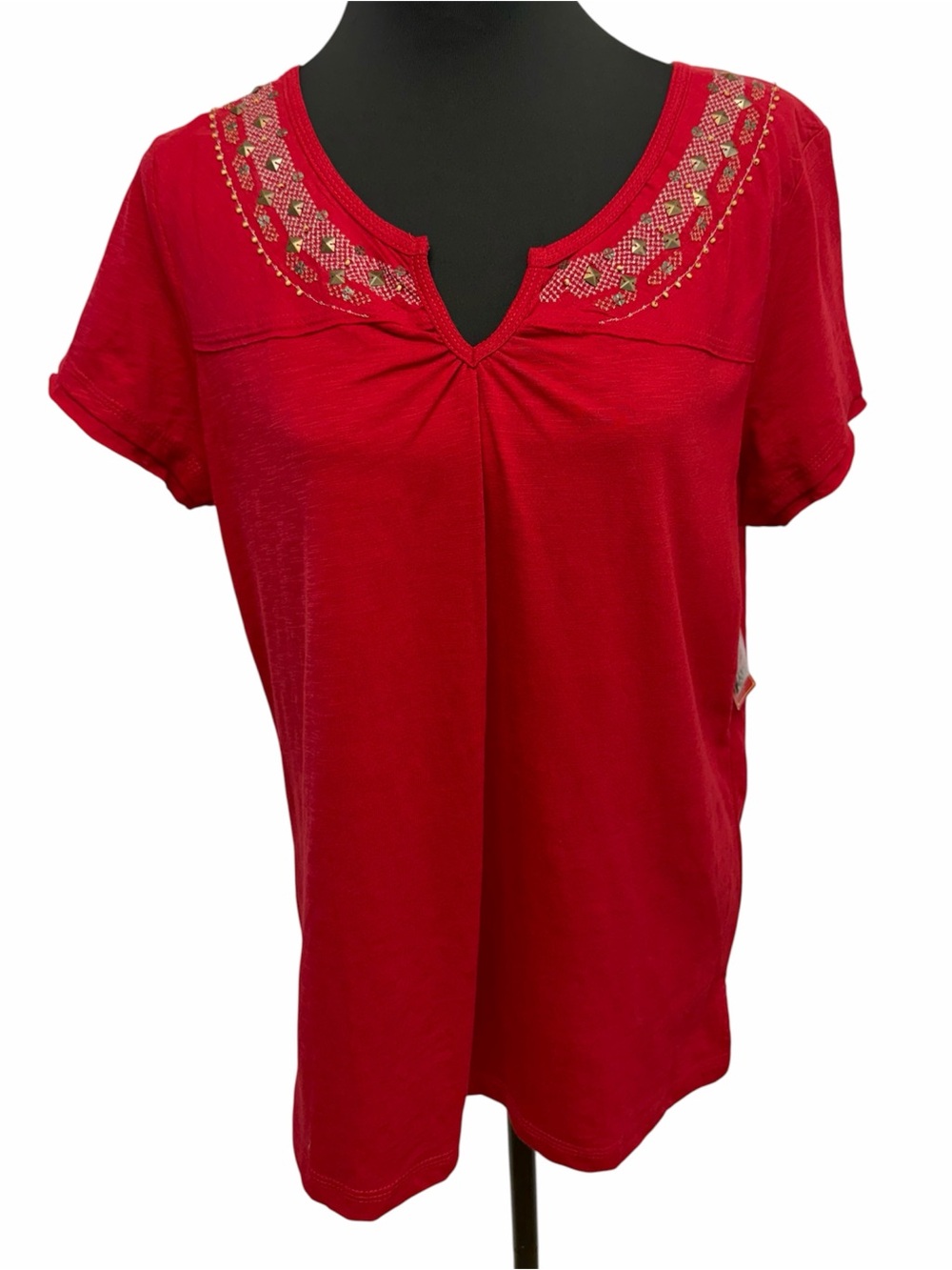 NorthCrest Classic Large Red Embellished Studded Short Sleeve Top NWT
